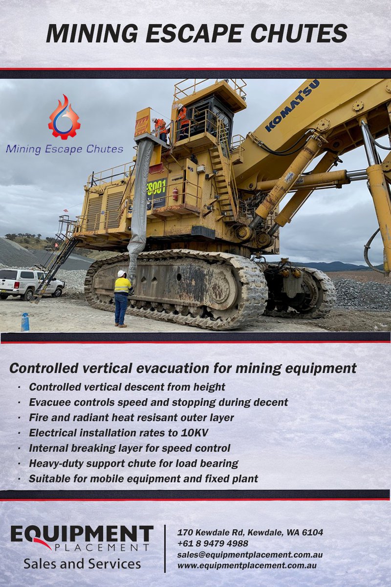 EquipPlacement's tweet photo. Escape Chutes | Emergency Egress Systems
Escape chutes provide a controlled method of vertical evacuation from excavators and haul trucks when conventional egress is not possible. sales@eqgroup.com.au | https://t.co/TSN4Y4jkux | +61 8 9479 4988 https://t.co/di8VrrAW0L