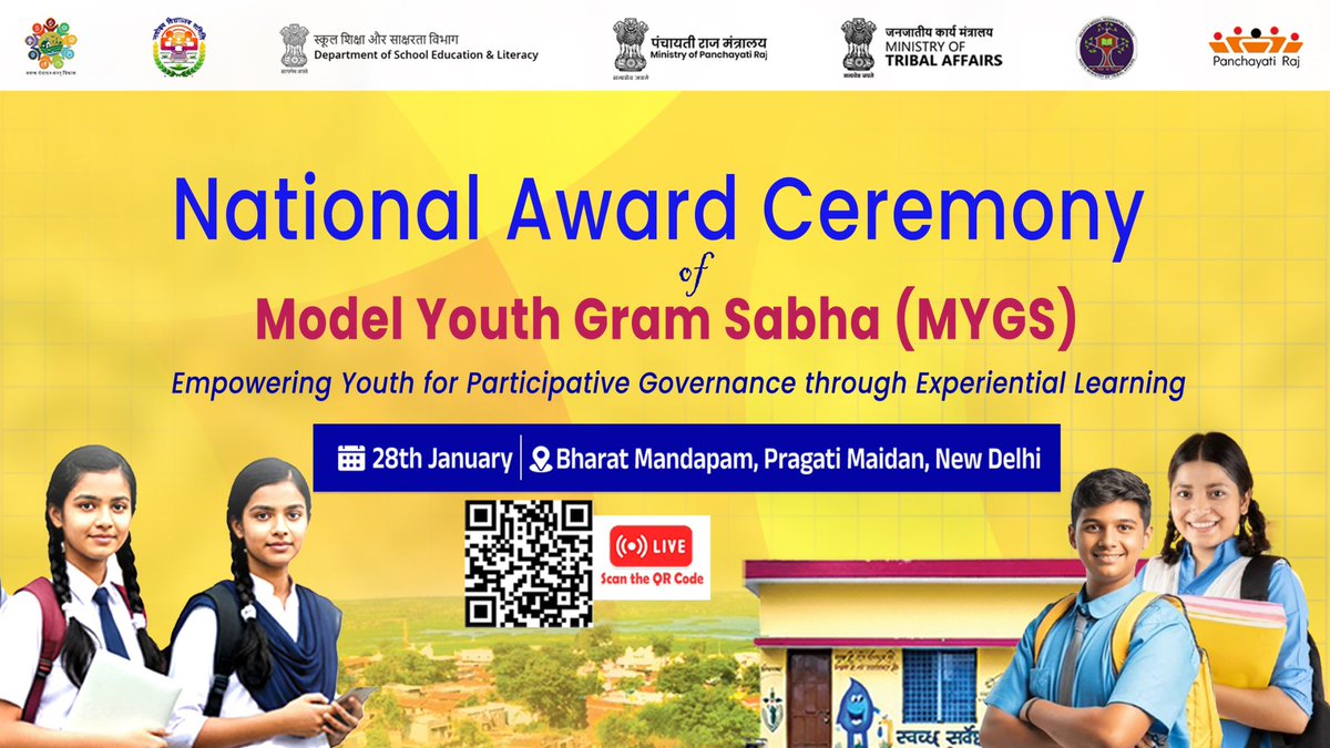 mopr_goi's tweet photo. The Ministry of Panchayati Raj in collaboration with the Ministry of Education (Department of School Education and Literacy) and the Ministry of Tribal Affairs, is jointly organizing a National Award Ceremony to felicitate the winners of the Model Youth Gram Sabha (MYGS)  in New Delhi Today. 

Watch the LIVE Telecast Here: https://t.co/z35gYBcKIe

#ModelYouthGramSabha #LoktantraKiPathshala #MYGS #PanchayatiRaj #MoPR #MYGSAwards #MYGSNationalAward

@LalanSingh_1 @spsinghbaghelpr @mos_fahd_pr @dpradhanbjp @jualoram @DdUikey @TribalAffairsIn @EduMinOfIndia @Pib_MPR @AIRNewsHindi @PIB_India @NVS_HQ @DDNewsHindi @mygovindia