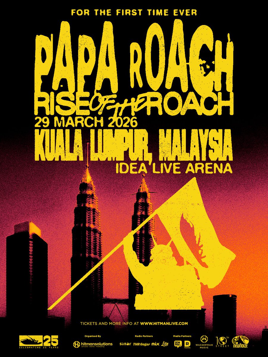 Rock diehards, are you ready? <a href="/paparoach/">Papa Roach</a> is coming to Malaysia for the first time
ever!🪳🔥
📍 29 March 2026 (Sunday) at Idea Live Arena
🌐 ticket2u.com.my/event/48374

Tickets drop 28 January (Wednesday) at 12PM. Don't miss your chance at
witnessing them live on stage!🤘

For more