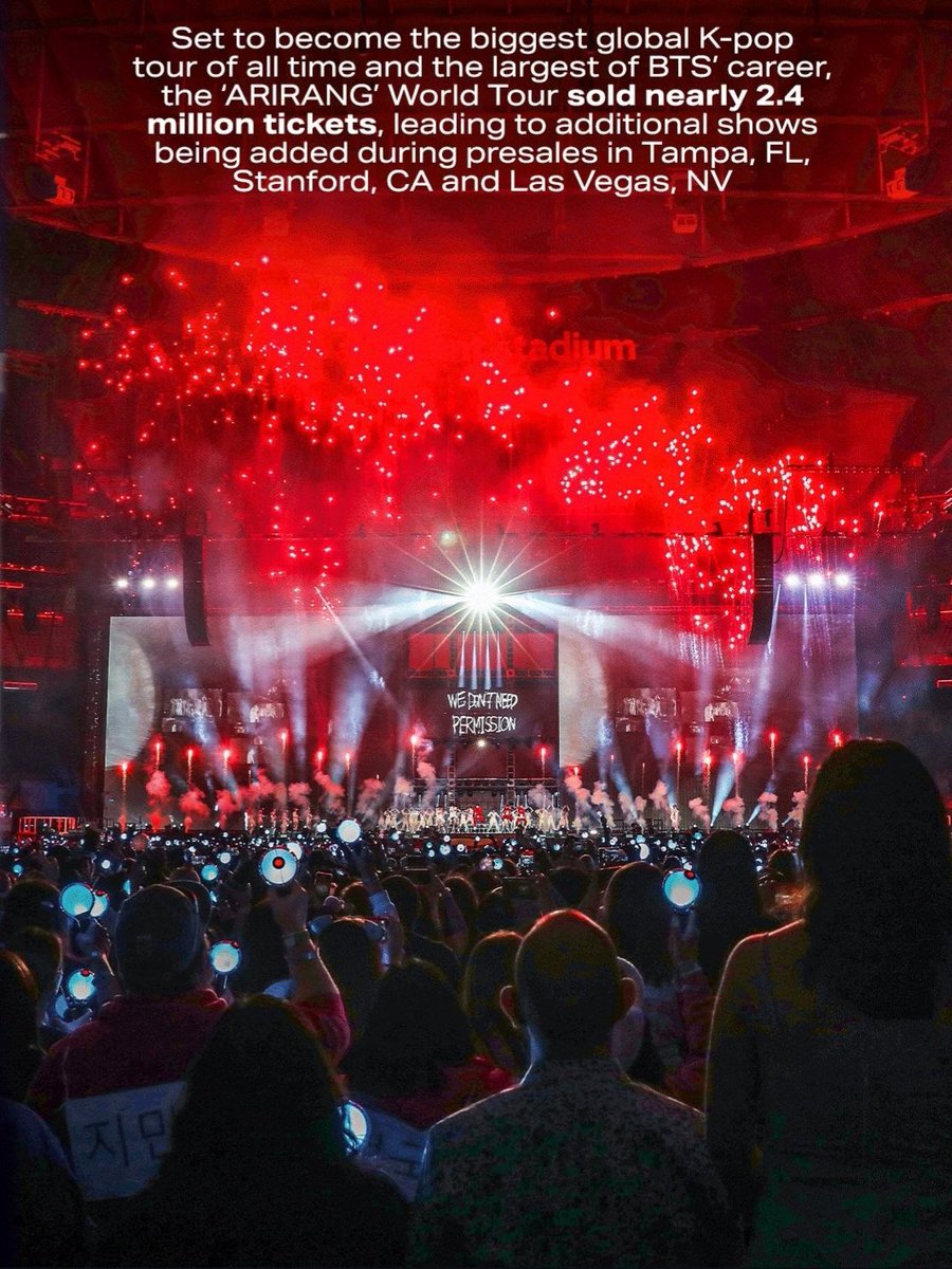 LIVE NATION ประกาศอย่างเป็นทางการทางไอจี 🔥

"BTS ขายสเตเดี้ยม WORLD TOUR 'ARIRANG' หมดเกลี้ยงทั้ง 41 รอบการแสดงในอเมริกาเหนือ, ยุโรป และสหราชอาณาจักร เวิลด์ทัวร์นี้กำลังจะกลายเป็นทัวร์ K-Pop ระดับโลกที่ยิ่งใหญ่ที่สุดตลอดกาลและมีขนาดใหญ่ที่สุดในเส้นทางอาชีพของพวกเค้าโดย