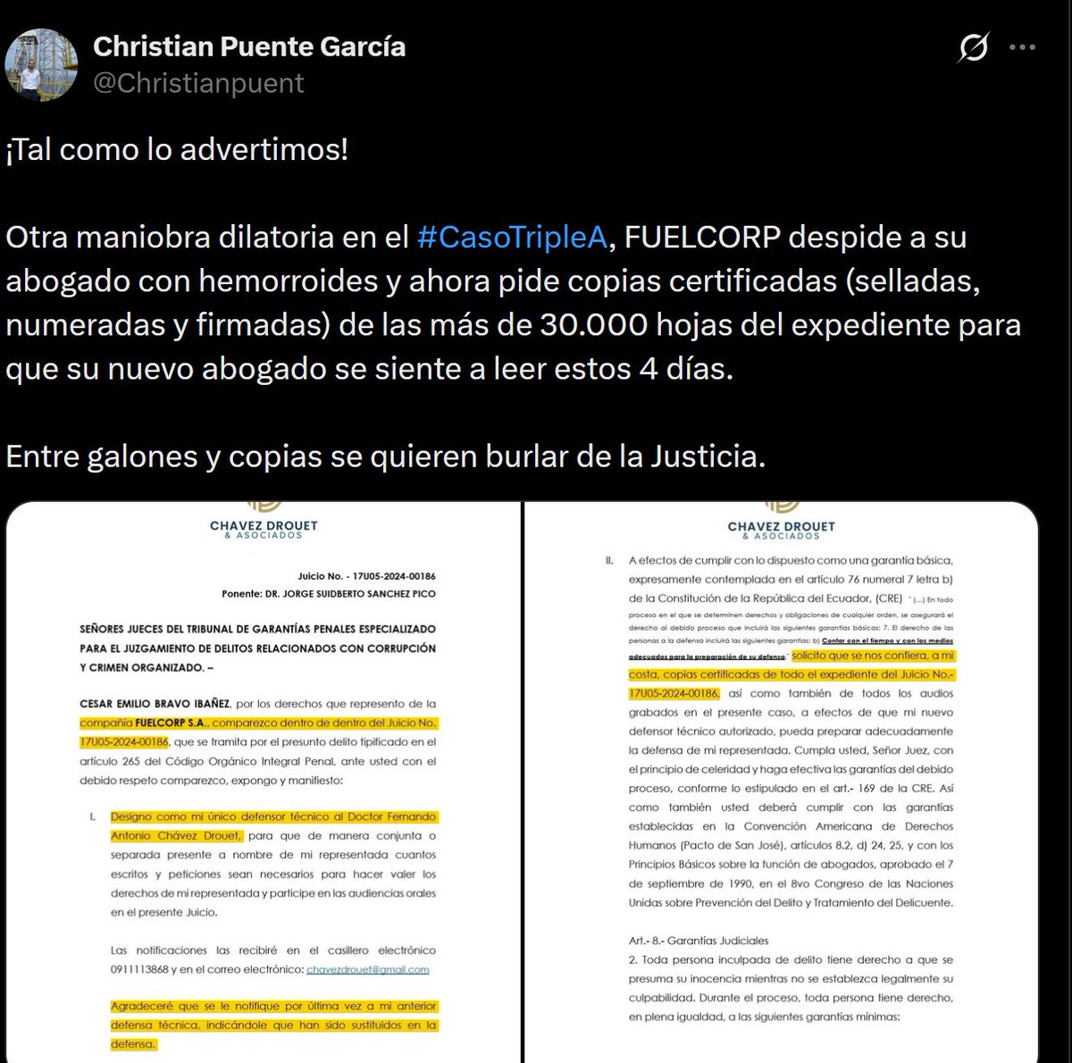 De la muela a las hemorroides. El Director Ejecutivo de la Agencia de Regulación y Control de Hidrocarburos, <a href="/Christianpuent/">Christian Puente García</a>, se quejó por lo que considera es una maniobra más para dilatar la audiencia del tráfico de combustibles Triple A, que debe realizarse el 31 de enero. Esta