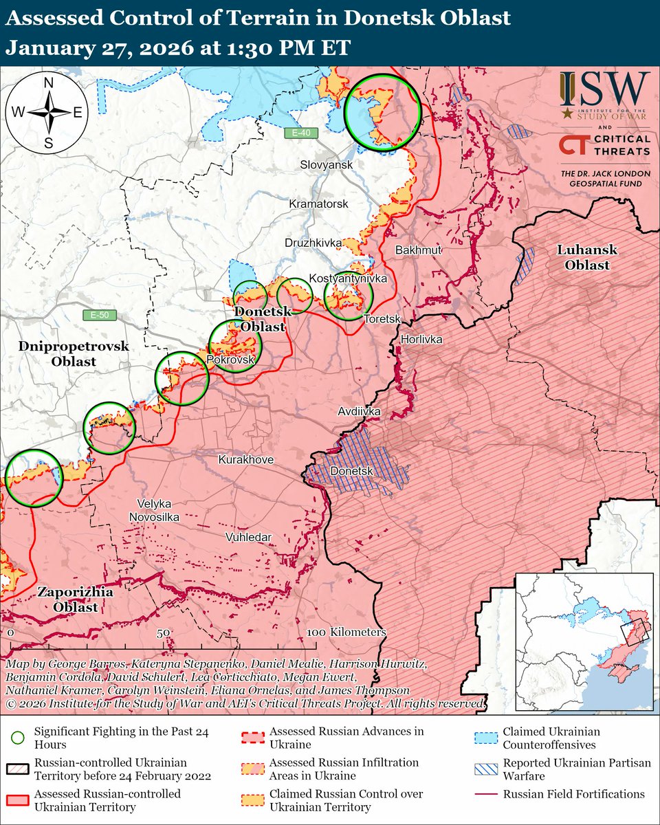 TheStudyofWar's tweet photo. NEW: The United States is reportedly pushing Ukraine to cede the remainder of Donetsk Oblast to Russia in exchange for US security guarantees. ISW continues to assess that Ukrainian concessions of territory that Russia is unlikely to seize quickly or easily militarily would be a strategic mistake. More ⬇️ 

The Russian military command continues to present demonstrable lies and exaggerations about Russian battlefield gains in order to push Ukraine and the West to concede to the demands that Russia remains unable to achieve militarily.

The Russian Ministry of Defense (MoD) has been lying about the scale of Russian advances for months, provoking repeated criticisms from even pro-war Russian milbloggers.

The Russian military command has been boasting about the seizure of small, rural villages and presenting these seizures as alleged evidence of the prowess of the Russian military to further the false narrative that Russian victory in Ukraine is inevitable. The seizure of small, rural villages only a few square kilometers in area does not portend Russia’s ability to seize the much larger and heavily fortified cities in Ukraine’s Fortress Belt in Donetsk Oblast in the near future.

Russian officials continue to indicate that Russia’s demands go beyond control of territory in eastern Ukraine, despite the Kremlin’s efforts to claim to Western audiences that Donbas is the main issue in ongoing peace talks. Russia will not be satisfied with a peace settlement that does not meet all of its demands and is instead using informational tools to push for Ukraine’s pre-emptive capitulation.

Russian forces conducted a Shahed drone strike against a civilian passenger train in Kharkiv Oblast on January 27, killing at least five people.

Russian forces continue to commit war crimes on the battlefield, including in areas where Russian forces have recently intensified offensive operations.