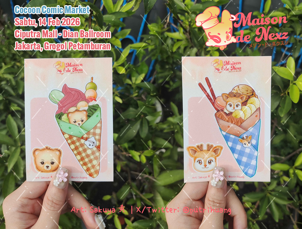 putrihuang's tweet photo. Stiker #NEXZ bisa kalian dapetin di Booth B15-16 - Husbando Specialist di Cocoma4 

🥞Crepes series 
🫂Next to Me

🏠Husbando Specialist: Booth B15-16
📅Sabtu, 14 Februari 2026 
📍Dian Ballroom, Ciputra Mall Grogol, Jakarta

#COCOMA #COCOMA4CATALOGUE #COCOMA4 https://t.co/FR5KlIUcvm