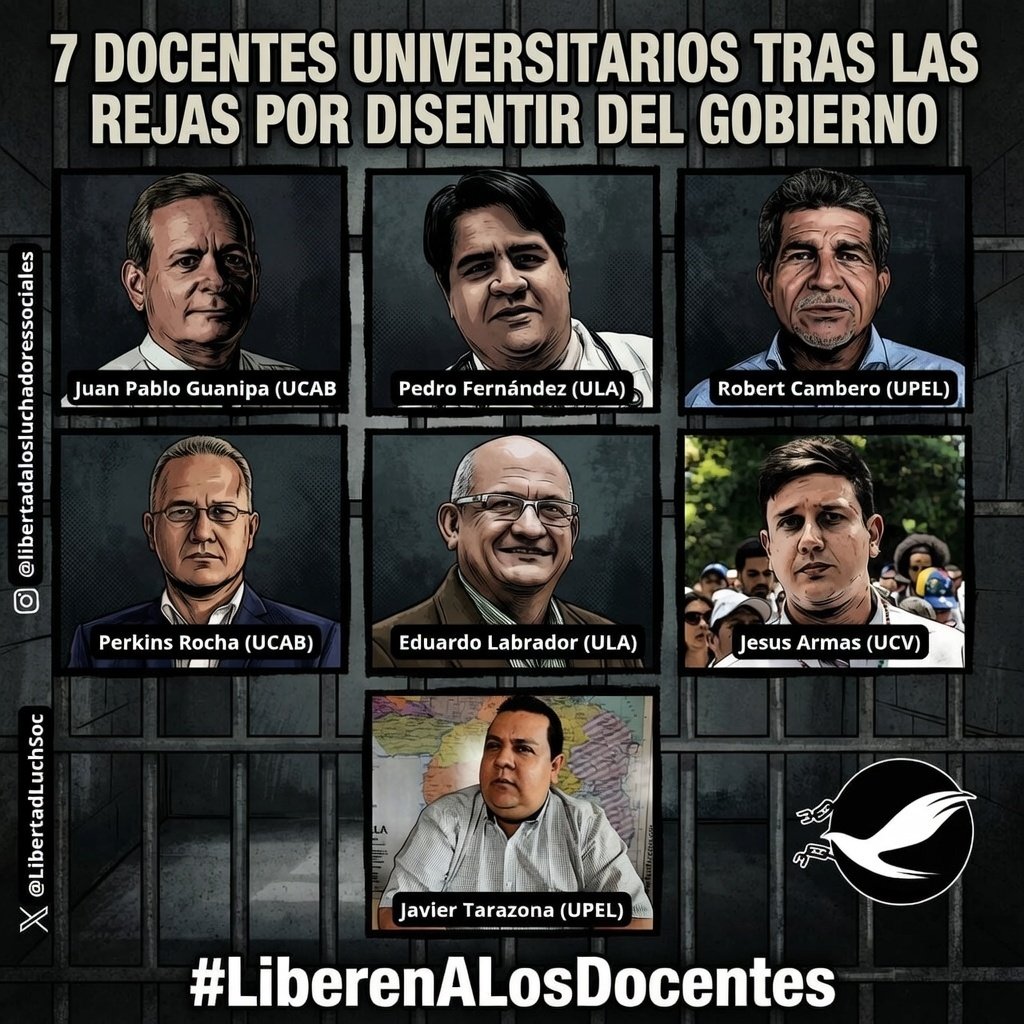 INTELIGENCIA TRAS LAS REJAS | Siete docentes universitarios venezolanos están en prisión por ejercer su derecho a disentir.
No son criminales. Son profesores, investigadores, médicos y defensores de derechos humanos.  
Cada uno representa el pensamiento crítico, el compromiso con
