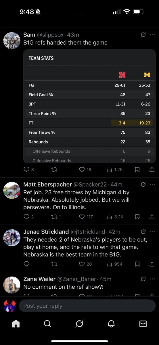 Aimnomy's tweet photo. @B1G_23 @JamesBunyan67 @umichbball I could go on and on if you’d like. Went out of my way just to find mostly non-Nebraska fans calling out the blatant bias the refs had for Michigan ;) Oh! And the only ones defending it are the arrogant Walmart wolverines like yourself https://t.co/E4iEnXiSJ1