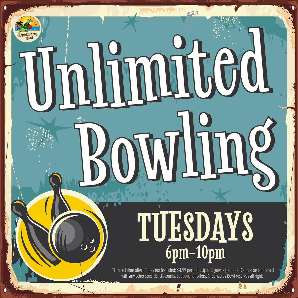 Your Tuesday plans = handled 😎

🎳 Unlimited Bowling | 6–10 PM
Choose your experience: Regular • Laser • Spark

🍹 Happy Hour | 5–10 PM
Discounted pints in the Gator Lounge

#UnlimitedBowling #BowlingNight #FunTimes #StrikeItUp #BestBowlingPBC #GatorBowlingRocks