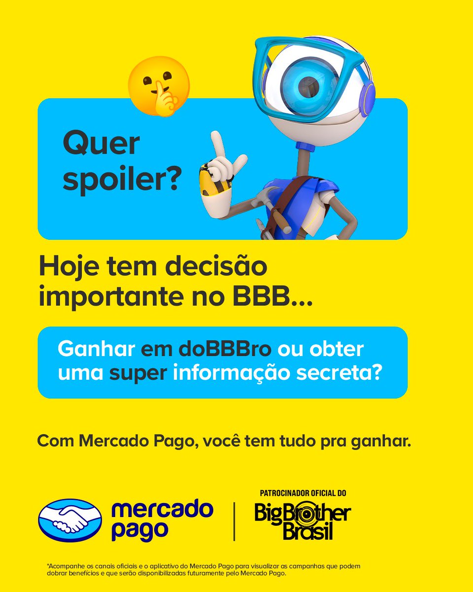 bbb's tweet image. 👀 Spoilerzinho de BBB no ar…
Tem brother que vai tomar uma decisão valendo grana ou estratégia. 💸🧠  Com @MercadoPagoBR, você tem tudo pra ganhar. Agora em doBBBro. E aí, você ia no dinheiro dobrado ou na vantagem? 😏

#MercadoPagoNoBBB #BBB26 #Publicidade