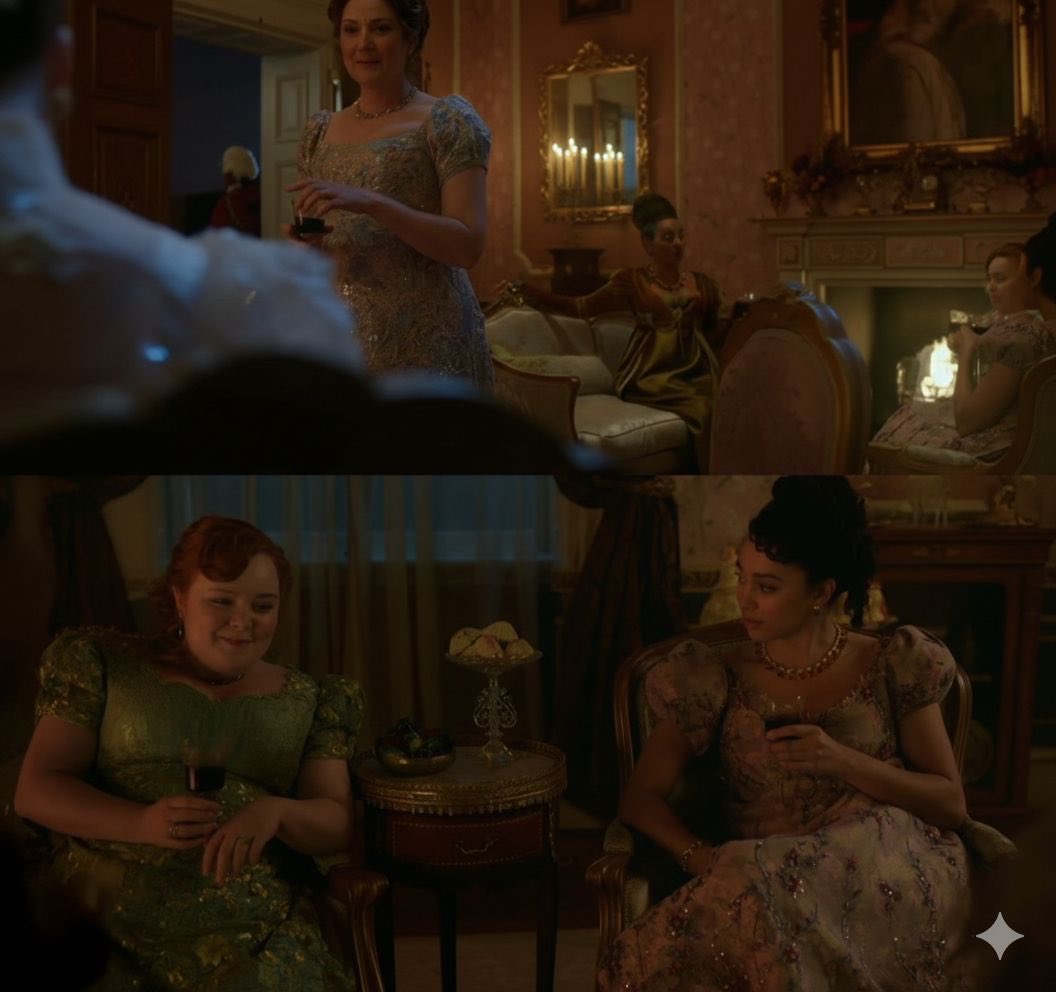 PolinCrave's tweet image. New look at Penelope with Violet, Alice and Lady Danbury in Bridgerton S4.