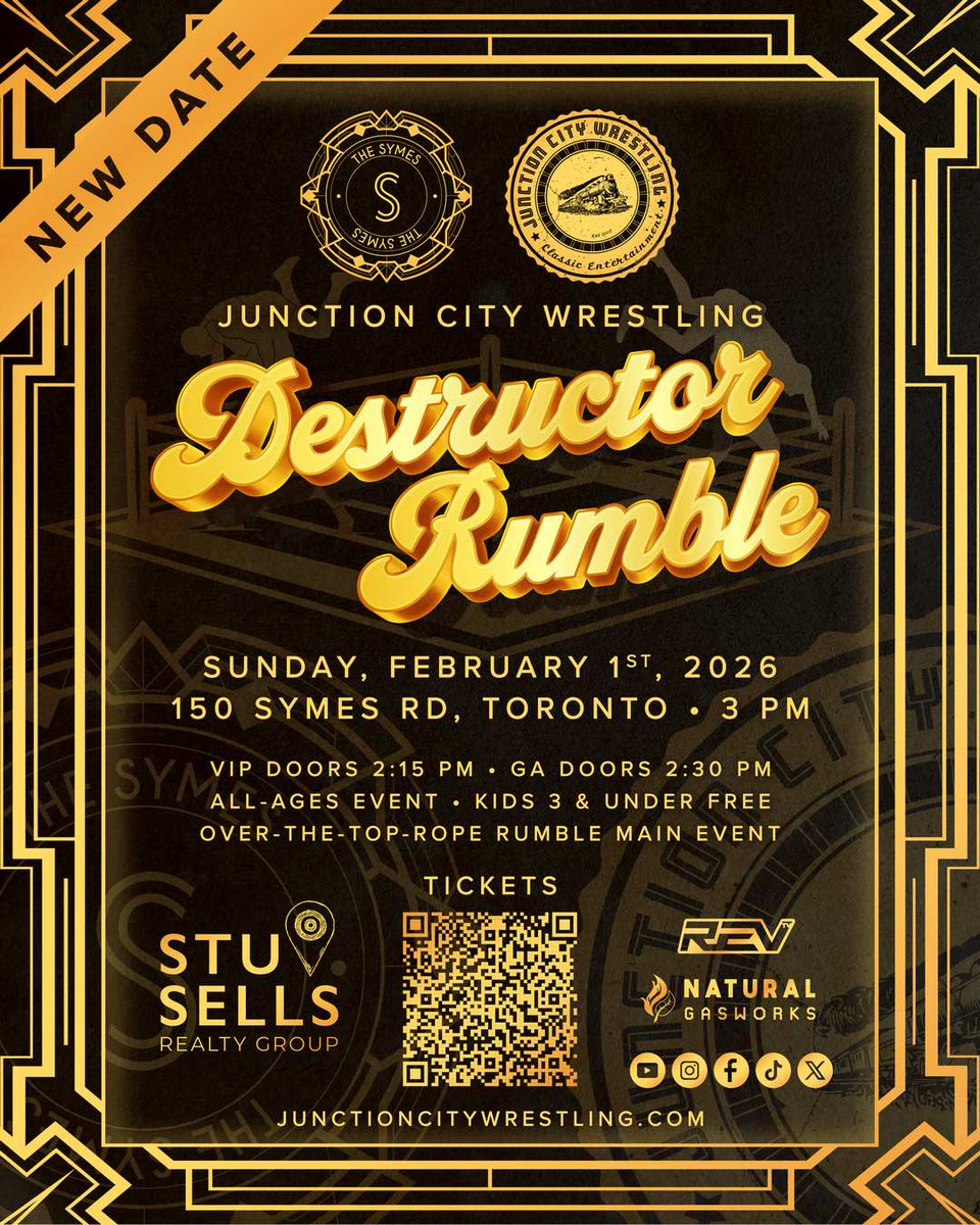 🚨 NEW DATE 🚨 Junction City Wrestling presents the Destructor Rumble <a href="/TheSymesCa/">The Symes</a> in Toronto on Sunday, February 1st, 2026 @ 3 PM! 

It's a live, family-friendly #prowrestling event ft. an over-the-top-rope Rumble match!

It's #ClassicEntertainment! 

🎟 eventbrite.ca/e/junction-cit…