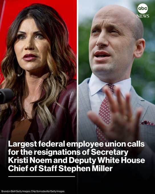 🆘EXTRA EXTRA🚸ABC NEWS😱 2 de los mas grandes sindicatos de trabajadores en Estados Unidos están exigiendo la renuncia de la asesina <a href="/Sec_Noem/">Secretary Kristi Noem</a> y el nazi <a href="/StephenM/">Stephen Miller</a> por ser un peligro para los ciudadanos de ese país...