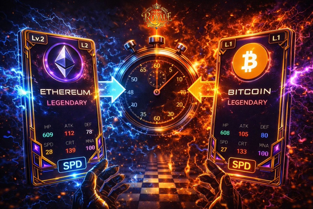 Speed decides the crown. ⏱️👑

Ethereum strikes first.

Bitcoin endures the longest.

In PRIME Royale, timing is everything.

One second late, one level behind.

Build smart. Fuse fast. Rule the meta. ⚡♟️