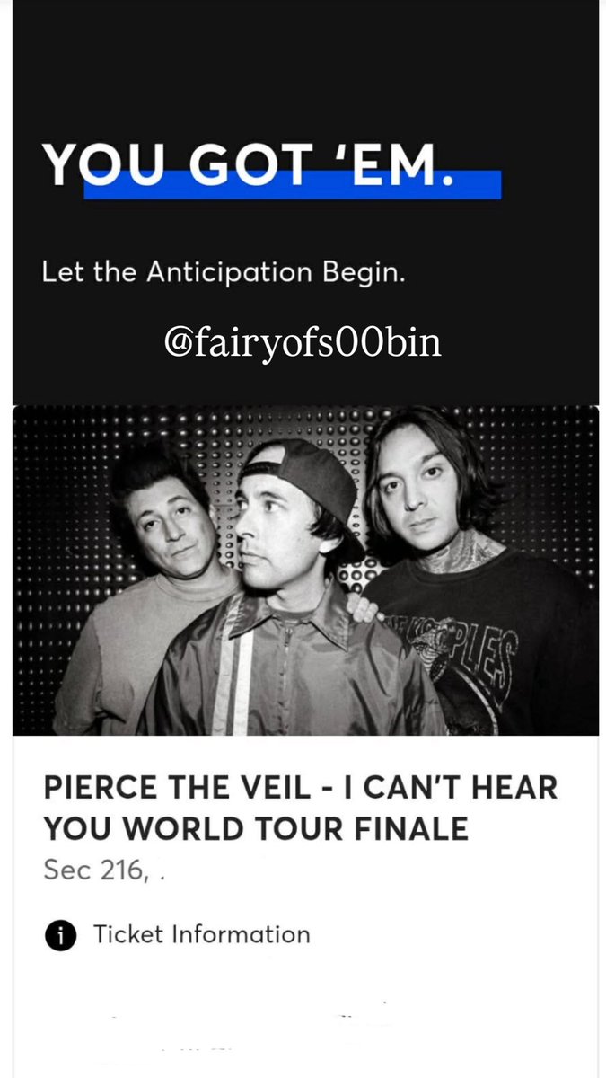 fairyofs00bin's tweet photo. wts (3) THREE pierce the veil tickets i cant hear you world tour finale san diego saturday sept 12 9/12 

fv : $271.50 (total for all three, they were $90.50 each fv)

we accidentally bought three extra so prefer to sell them together !

can provide proofs &amp; sold tickets before https://t.co/f8HQ7jsHa9