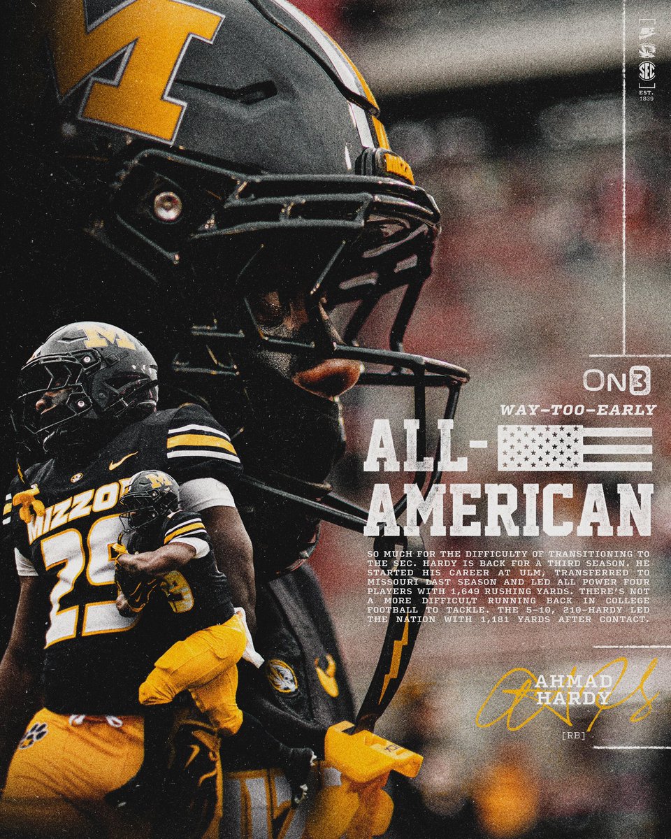 MizzouFootball's tweet image. .@Ahmadhardy29 named to the @on3 Way-Too-Early All-America team 👀

#TheMizzouWay