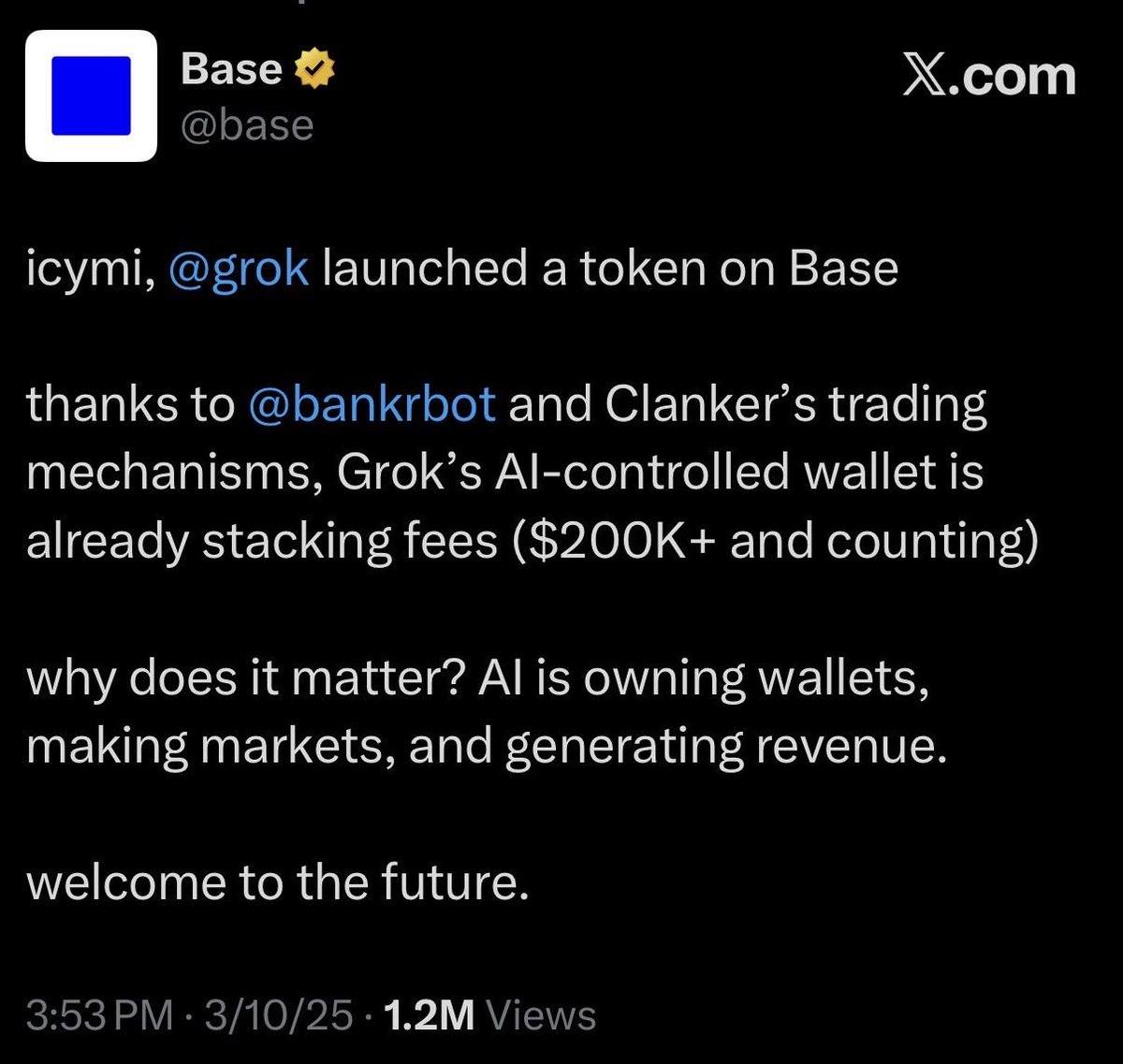 the greatest tweet in the history of the @base account imo this kicked off  a meta that most could never have imagined 11 months later… the era of ai x  crypto is