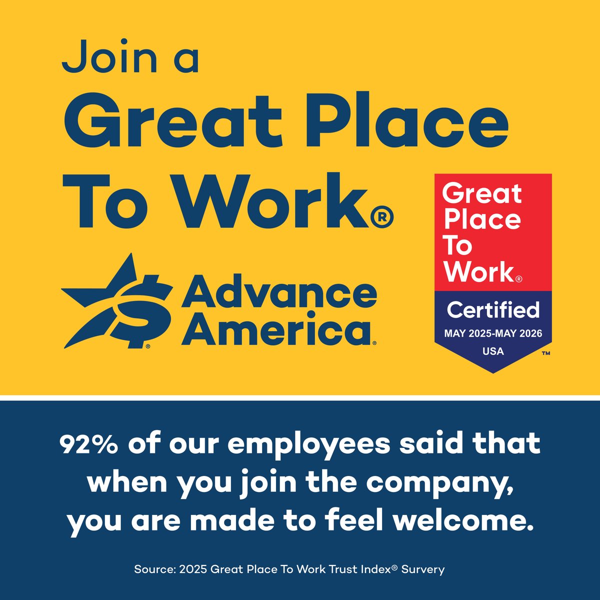 Join a certified Great Place To Work® and grow with a team that values you. 🙌

Apply now: AdvanceAmerica.jobs