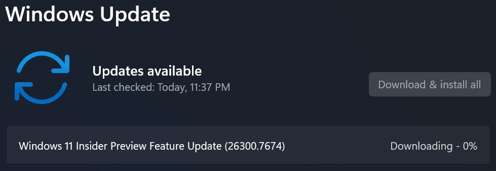 ErikMoreau's tweet photo. #Flighting Windows 11 Build 26300.7674 in the #DevChannel ๐ฅท@windowsinsider @DJ_EddieL @NorthFaceHiker @JenMsft @amanda_lango @maisondasilva @megahoch @brandonleblanc @JamesvandenBerg @aavdberg #areyouflightingyet #WindowsInsiders https://t.co/vxpjO21l6l https://t.co/mhkPF4V34J