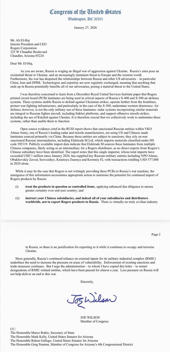 Why is the Arizona-based Rogers Corporation making components that wind up in Russia's state-of-the-art air defense systems? American companies need to do more to control the exports of their technology so they aren't used in Russian war crimes in Ukraine. My letter to the Rogers