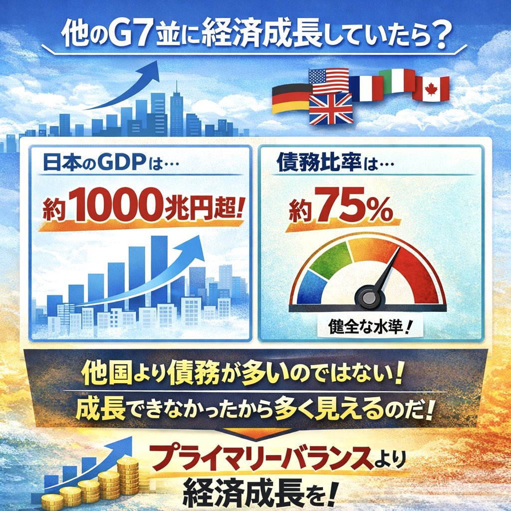 日本は借金大国」という人がいます。 他のG7並に成長出来ていれば 今頃GDPは1000兆円を超えていました。 当然債務比率は大きく下がります。  (画像の75%は言い過ぎだけど) 経済成長を実現できなかった過去の政治。 今こそ見直しの時ではないでしょうか。