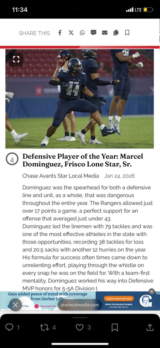 I want to thank <a href="/MWelchSLM/">Matt Welch</a>, <a href="/CAvants_SLM/">Chase Avants</a> and <a href="/DevinHasson/">Devin Hasson</a> for awarding me Star Local Media All Area Defensive Player of the Year.

<a href="/ChrisMassaro58/">Chris Massaro</a> <a href="/KyleMossakowski/">CoachMoss</a> <a href="/CoachJRayburn/">Jeff Rayburn</a> <a href="/drkharp/">Kelly Withee Harper</a> <a href="/LSHS_FBRecruits/">Lone Star HS Football Recruiting</a>