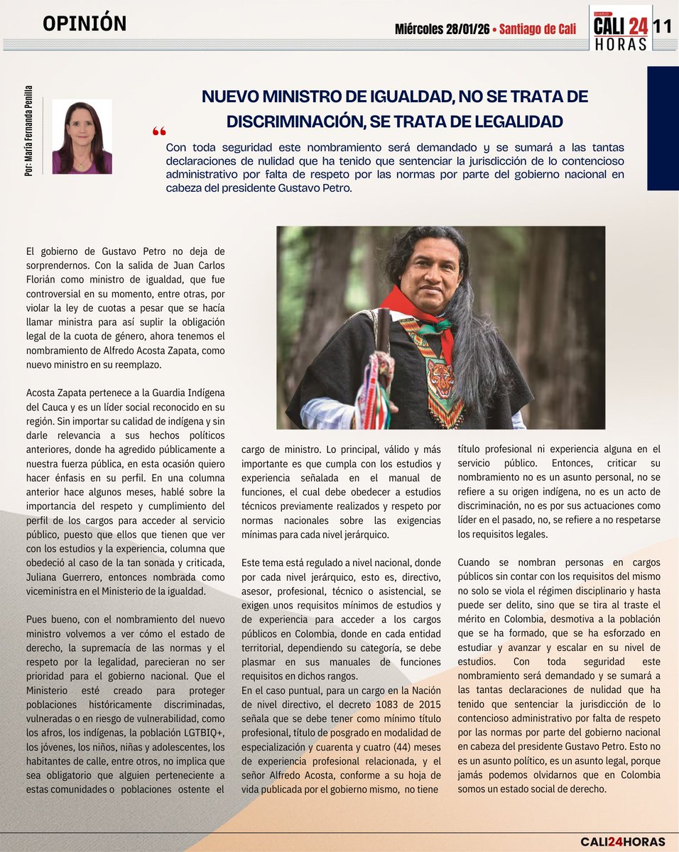 Los invito a leer a nuestra columnista Maria Fernanda Penilla "NUEVO MINISTRO DE IGUALDAD, NO SE TRATA DE DISCRIMINACIÓN, SE TRATA DE LEGALIDAD" #MariaFernandaPenilla
#MinistroDeIgualdad #GustavoPetro #AlfredoAcostaZapata #GuardiaIndigena.
