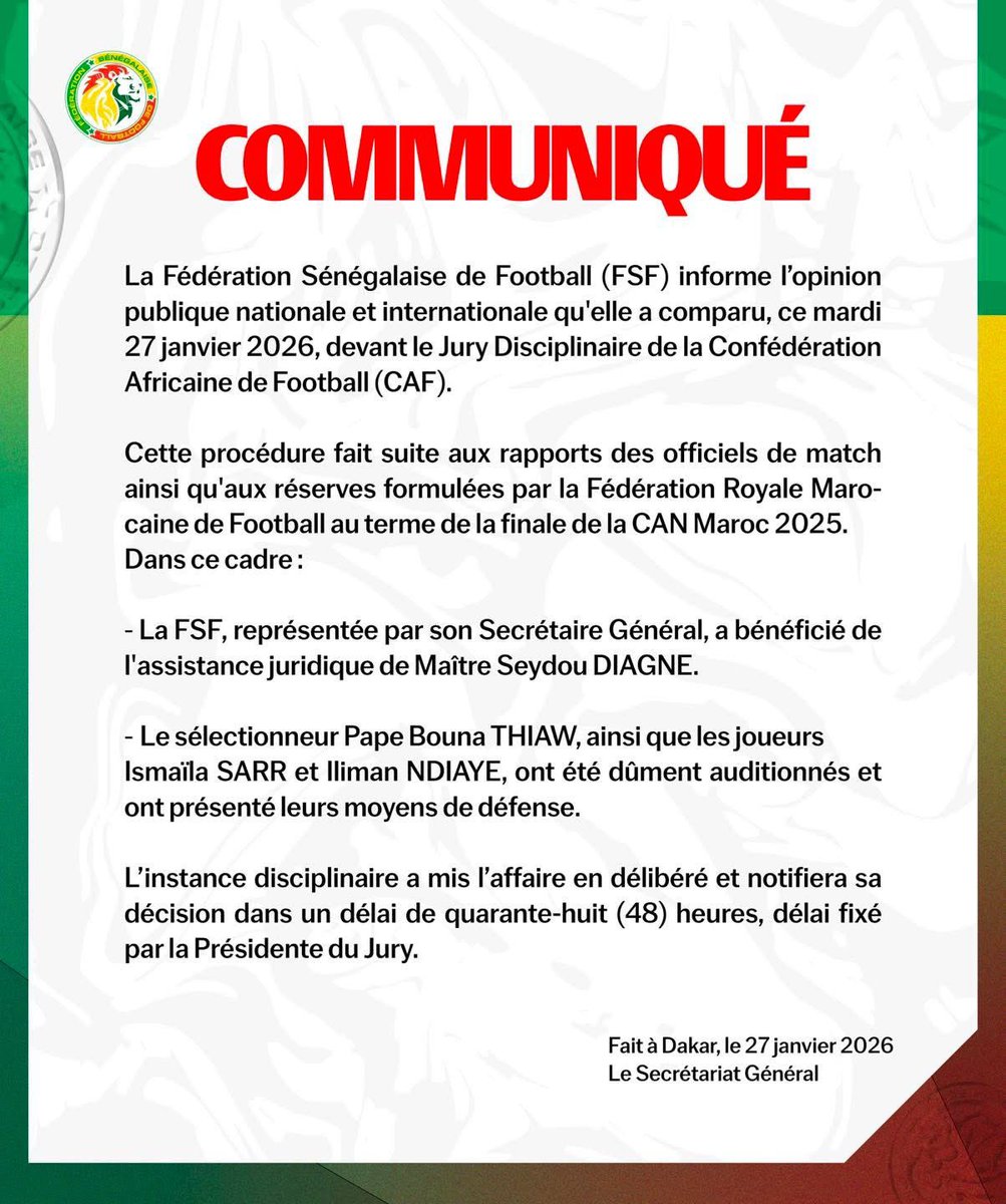 La Fédération Sénégalaise de Football (FSF) informe l'opinion publique nationale et internationale qu'elle a comparu, ce mardi 27 janvier 2026, devant le Jury Disciplinaire de la Confédération Africaine de Football (CAF).
Cette procédure fait suite aux rapports des officiels de