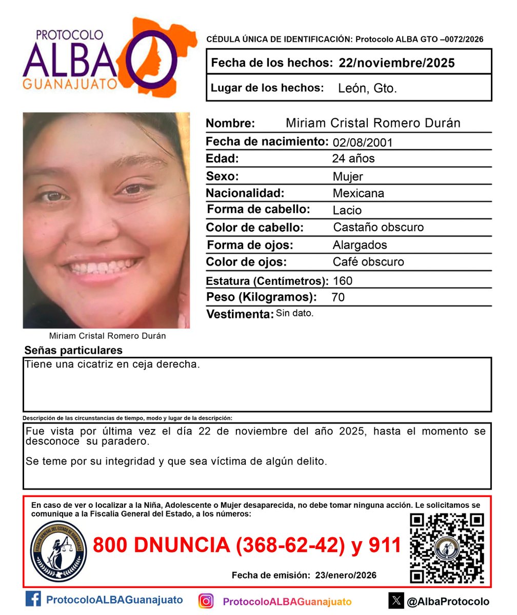 Activación de 𝙋𝙍𝙊𝙏𝙊𝘾𝙊𝙇𝙊 𝘼𝙇𝘽𝘼 de 𝗠𝗶𝗿𝗶𝗮𝗺 𝗖𝗿𝗶𝘀𝘁𝗮𝗹 𝗥𝗼𝗺𝗲𝗿𝗼 𝗗𝘂𝗿𝗮́𝗻, de 𝟮𝟰 𝗮𝗻̃𝗼𝘀 de edad, de 𝗟𝗲ó𝗻, 𝗚𝘁𝗼. 
¡Ayúdanos a localizarla!