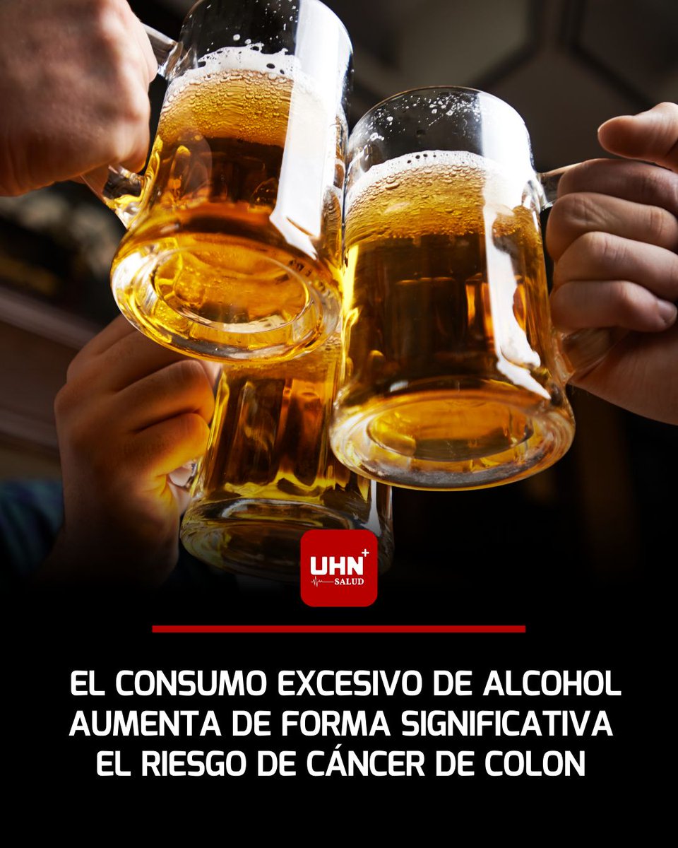 UHN_Plus_Salud's tweet photo. 🩺‼️ | El consumo excesivo de alcohol aumenta de forma significativa el riesgo de cáncer de colon, advierten especialistas, al vincularlo con inflamación intestinal, daño celular y alteraciones en la microbiota que favorecen el desarrollo de tumores. El riesgo crece incluso en personas jóvenes y se potencia cuando el hábito es sostenido en el tiempo.

CÓMO EL ALCOHOL ELEVA EL RIESGO (SEGÚN LA CIENCIA):

1️⃣ 🧬 Daño celular directo: el alcohol se metaboliza en acetaldehído, una sustancia cancerígena.

2️⃣ 🔥 Inflamación crónica: irrita la mucosa del colon y facilita mutaciones.

3️⃣ 🦠 Desequilibrio intestinal: altera la microbiota protectora del intestino.

4️⃣ 🩸 Menor absorción de nutrientes: reduce folato y vitaminas clave para reparar el ADN.

5️⃣ 📈 Efecto dosis-dependiente: a mayor consumo, mayor riesgo.