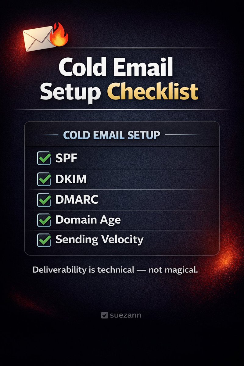 suezannn's tweet photo. If your cold emails are going to spam, check this first:
✔ SPF
✔ DKIM
✔ DMARC
✔ Domain age
✔ Sending velocity
Deliverability is technical, not magical.
#EmailDeliverability #ColdEmailOutreach #Instantlyai https://t.co/BCDn53YqjI