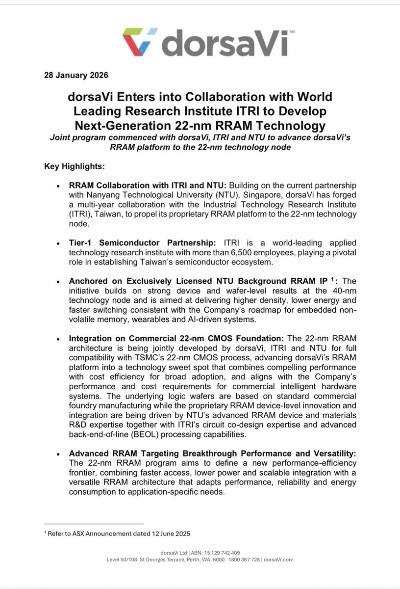 $DVL 🔥🔥🔥

#dorsaVi teams up with top Taiwan research institute #ITRI to build next gen 22nm #RRAM memory.

• World-class partner.
• Uses #TSMC’s advanced process.
• Faster, lower power memory.
• Perfect for #AI, wearables &amp; smart devices.
