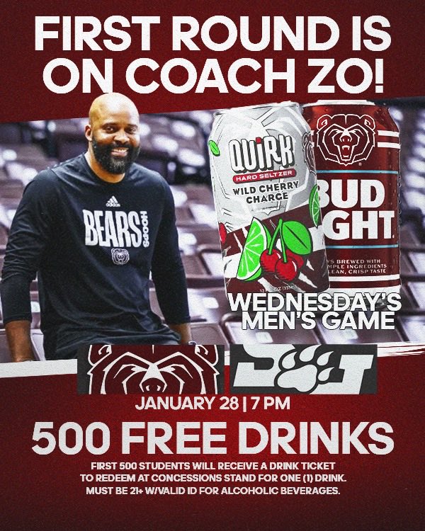 MissouriStBears's tweet image. Coach @CuonzoMartin said FREE DRINKS…

Tomorrow night = packed student section or bust ‼️

#GoBears | #WeAreMoState