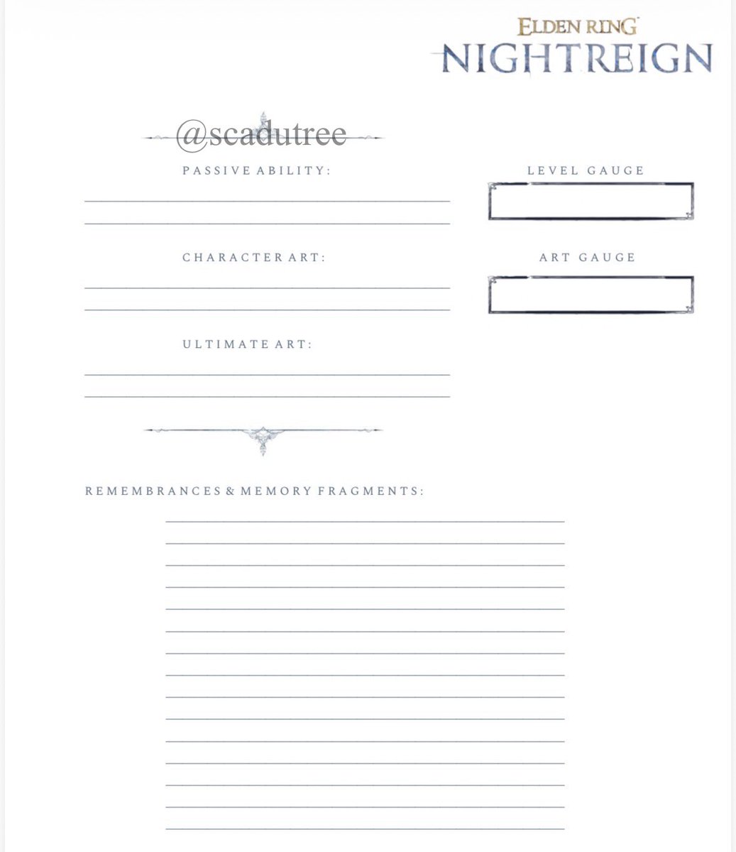 OUGGHHH it's so cool to know that nightreign is getting a ttrpg!! i actually made a concept of a nightreign ttrpg way back during the network test and i based it off of the kids on brooms character sheet!