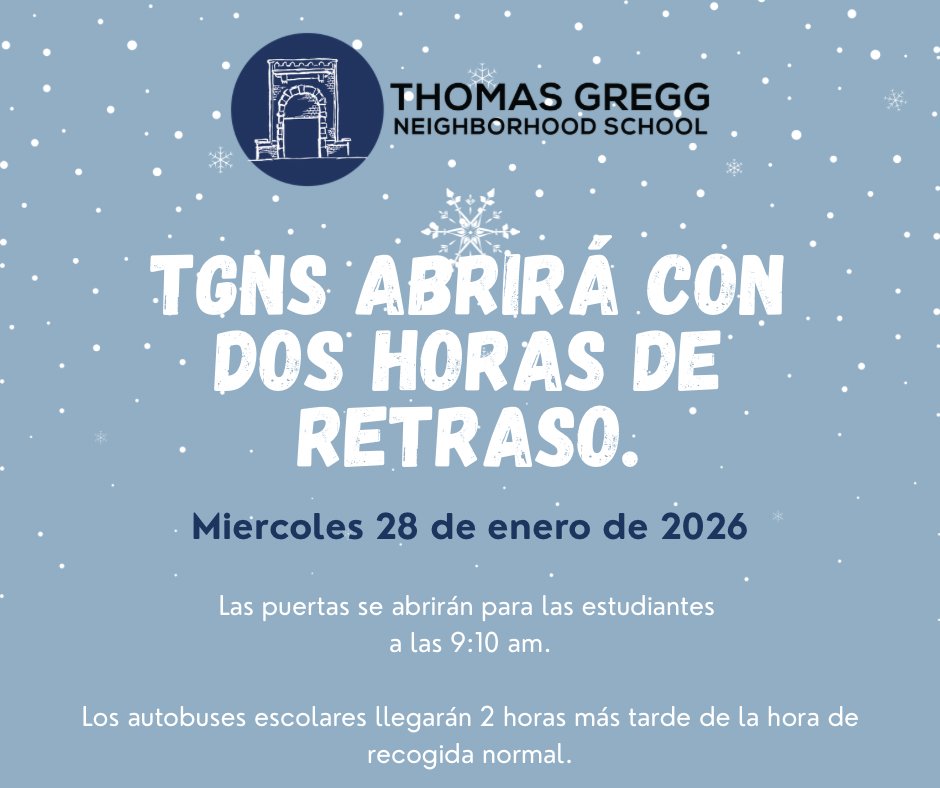 Thomas Gregg is currently planning to operate on a 2-hour delay tomorrow, Wednesday, January 28.

However, we will reassess in the morning if we need to switch to a full closing. We will notify families by 6:00am if things change.