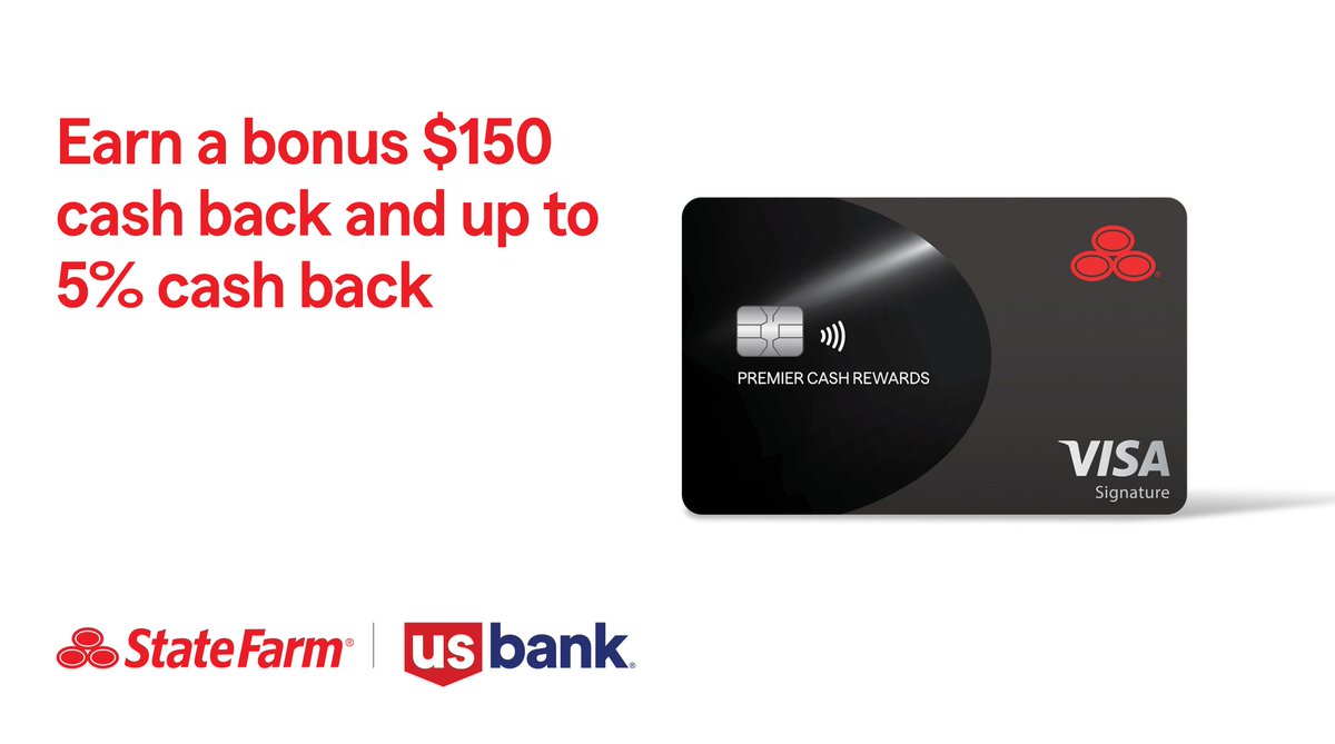 StateFarmCA's tweet image. Earn a bonus of $150 cash back plus up to 5% cash back on insurance premium payments with the State Farm® Premier Cash Rewards Card from U.S. Bank: st8.fm/4rfCzCP