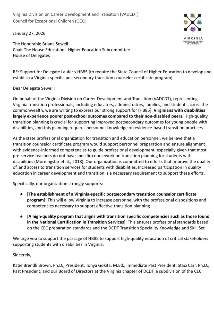 vadcdt's tweet image. Proud to support VA HB85 — a smart step toward strengthening postsecondary transition support for students across the Commonwealth. Preparing qualified counselors means better outcomes for education, careers, and workforce readiness.
#HB85 #VAleg #StudentSuccess #HigherEd