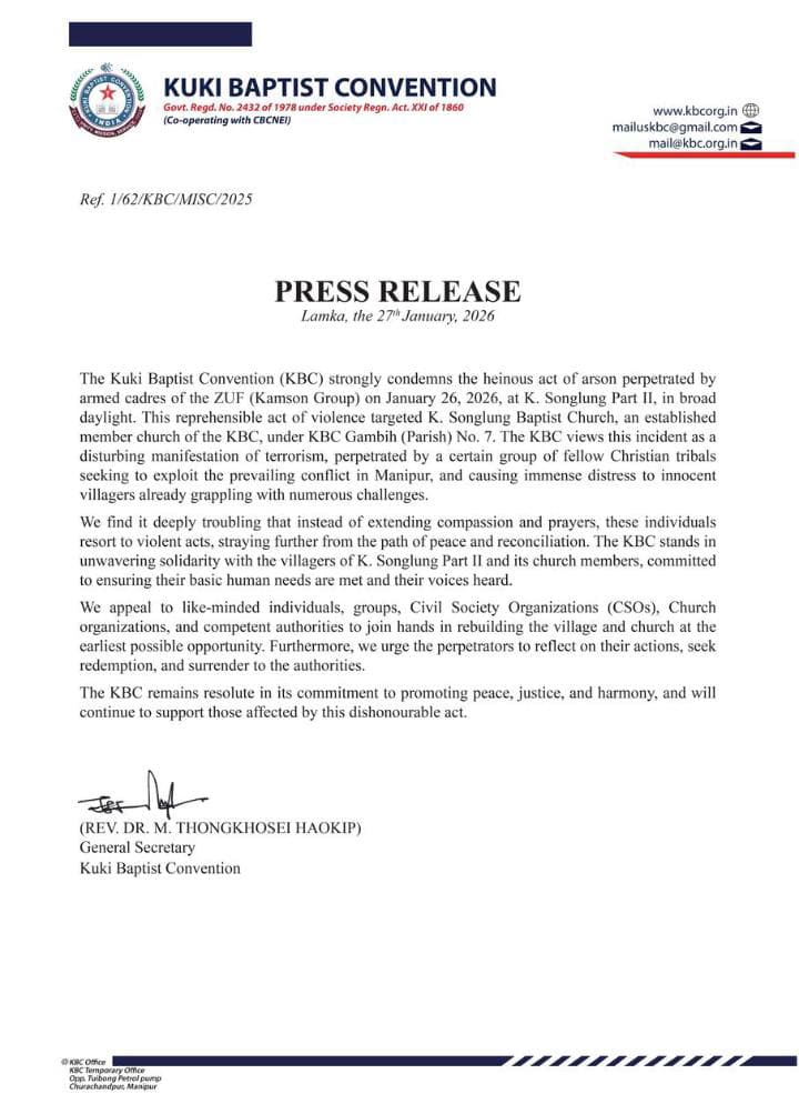 The Kuki Church leaders break their silence on the recent burning of K. Songlung village which is under KBC parish no. 7. KBC appeals to Christian organisations for rebuilding this village and the church
<a href="/Fiacona_us/">Federation of Indian American Christians</a> <a href="/ChristianEmerg1/">Christian Emergency Alliance</a> <a href="/BaptistWorld/">Baptist World Alliance</a> <a href="/ChristianPost/">The Christian Post</a> <a href="/realDonaldTrump/">Donald J. Trump</a>