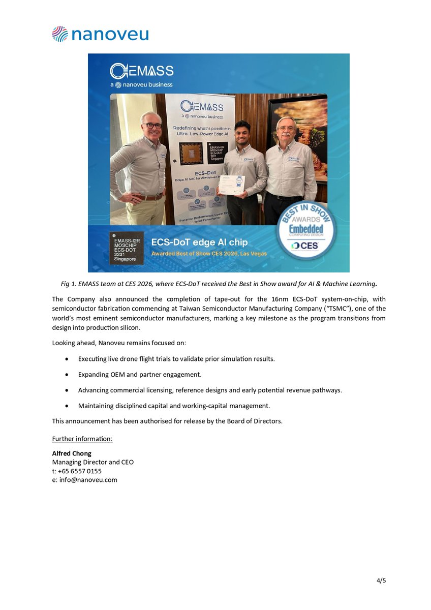 Nanoveu (ASX: $NVU) builds strong momentum in Edge-AI as ECS-DoT advances toward commercial readiness.

Key Highlights
• Major 16nm ECS-DoT front-end, synthesis and physical design completed; tape-out achieved following the quarter
• Live drone validation advanced with a