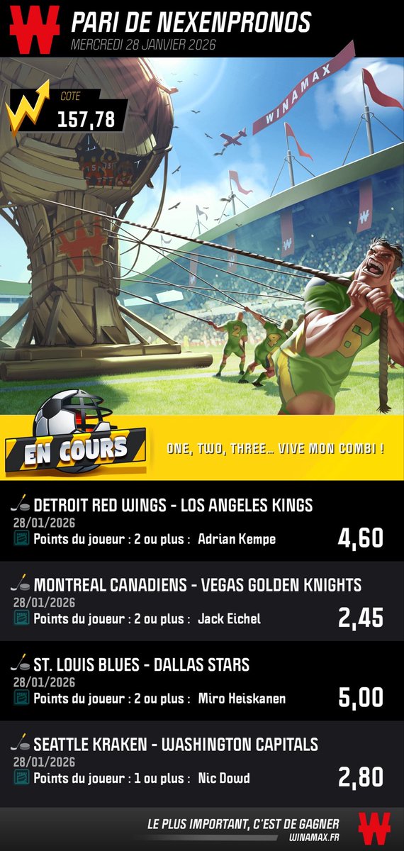 🏒 NHL TIME 

🎯 Buteurs @ 248 
winamax.link/LjE1d

🎯 Système 3/5 + Combiné.
winamax.link/qygza

🎯 Points @ 100 
winamax.link/yVGS2

🎯 Points @ 157
winamax.link/ujbSD

⚠️ Doucement sur les mises svp c’est du fun 

❤️‍🔥 Like si tu suis