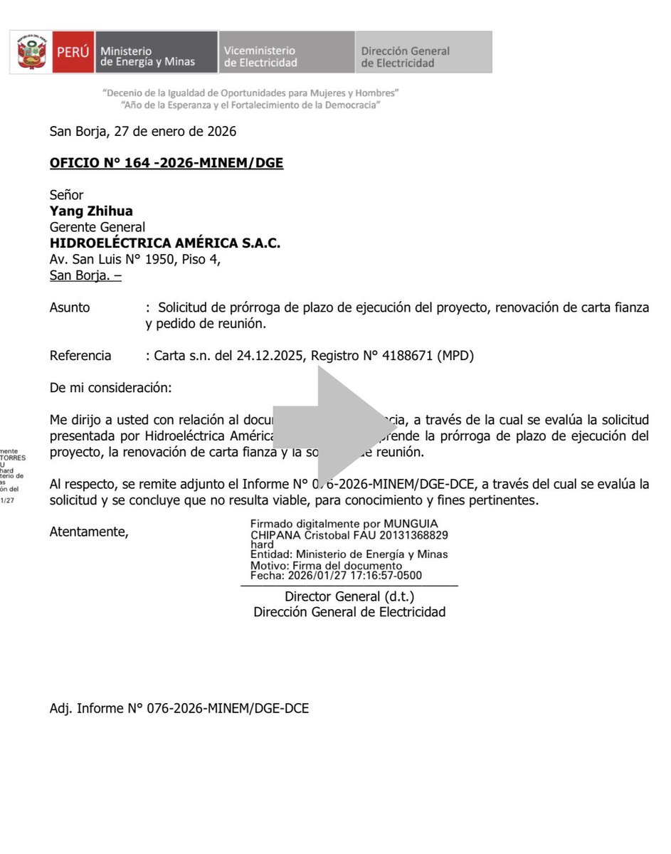 Tras el reportaje de <a href="/PuntoFinalOf/">PuntoFinalOficial</a>, el Ministerio de Energía y Minas rechazó la prórroga para la ejecución de obras de la hidroeléctrica América S.A.C. de Zhihua Yang, del empresario chino amigo del presidente José Jerí.