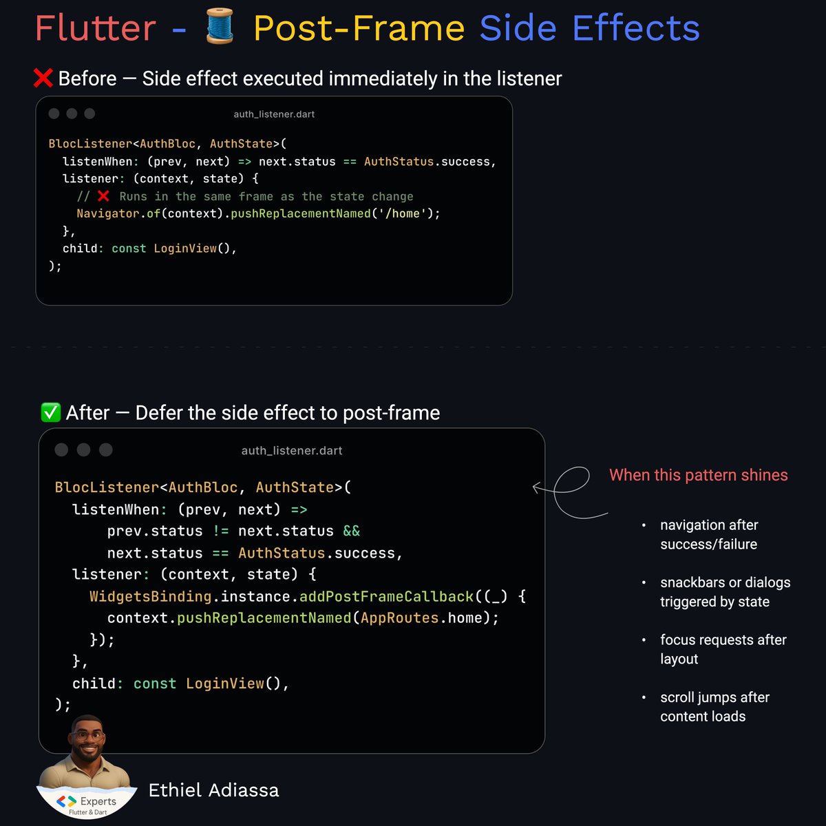 Flutter - Performance Tip

A subtle cause of UI freezes in Flutter apps is doing too much work in the current frame.

Navigation, dialogs, heavy computations, analytics calls, scroll jumps, focus requests…
When these side effects run synchronously during build or state updates,