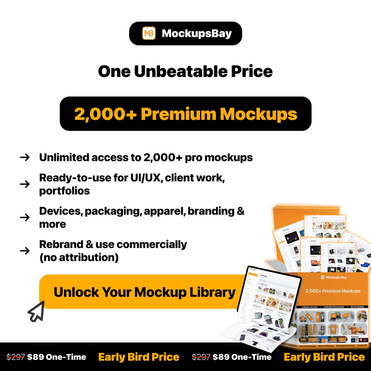 MockupsBay's tweet photo. Stop paying per mockup.
Get 2,000+ premium mockups for one unbeatable price.

MockupsBay is your all-in-one mockup library for:
✔️ UI/UX &amp; app previews
✔️ Branding &amp; packaging
✔️ Devices, apparel &amp; products
✔️ Client work &amp; portfolios

#mockups
#designresources
#UIDesign https://t.co/LScZ3eVKSv