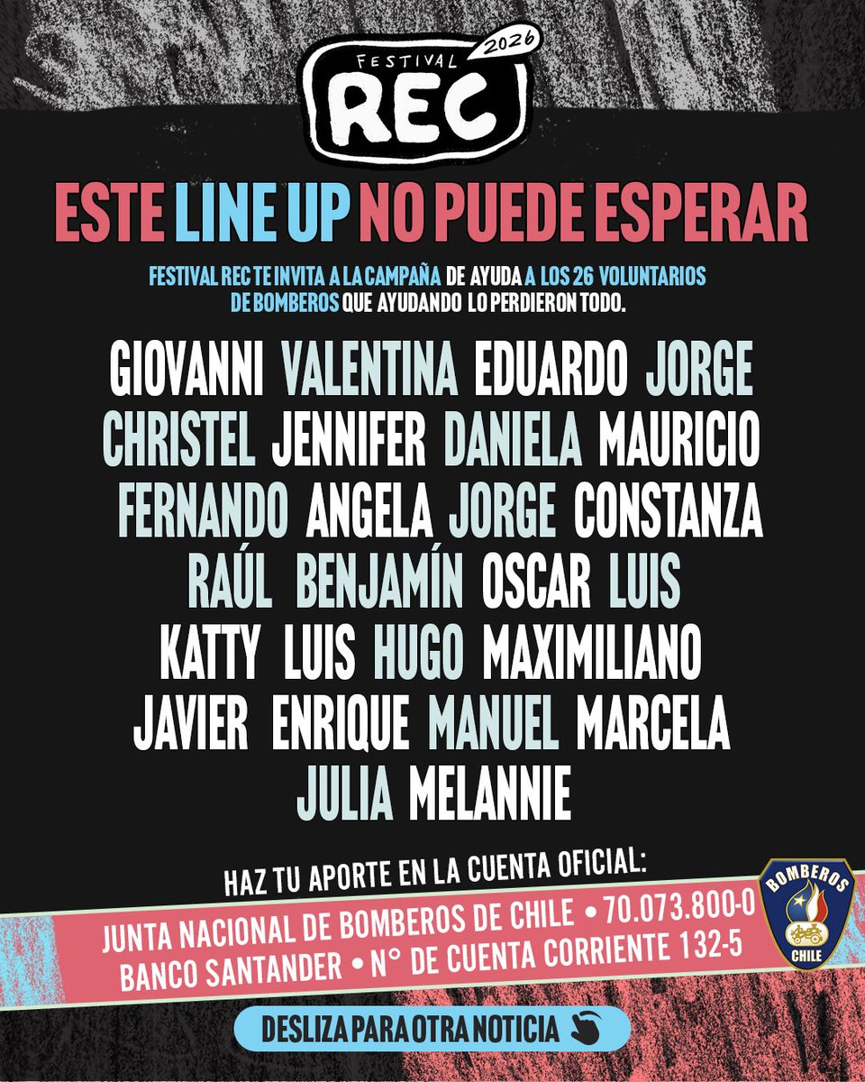rec_festival's tweet photo. El lineup de #REC2026 llegará y llegará con todo
📅 este jueves 29 de enero a las 12:45 hrs.
Hasta entonces, lo importante es estar presentes. 

Haz tu aporte a: 
🚒 Junta Nacional de Bomberos de Chile
Banco Santander 
Cta. Cte. 132-5 
RUT 70.073.800-0 https://t.co/SgF4Hp1Qgc