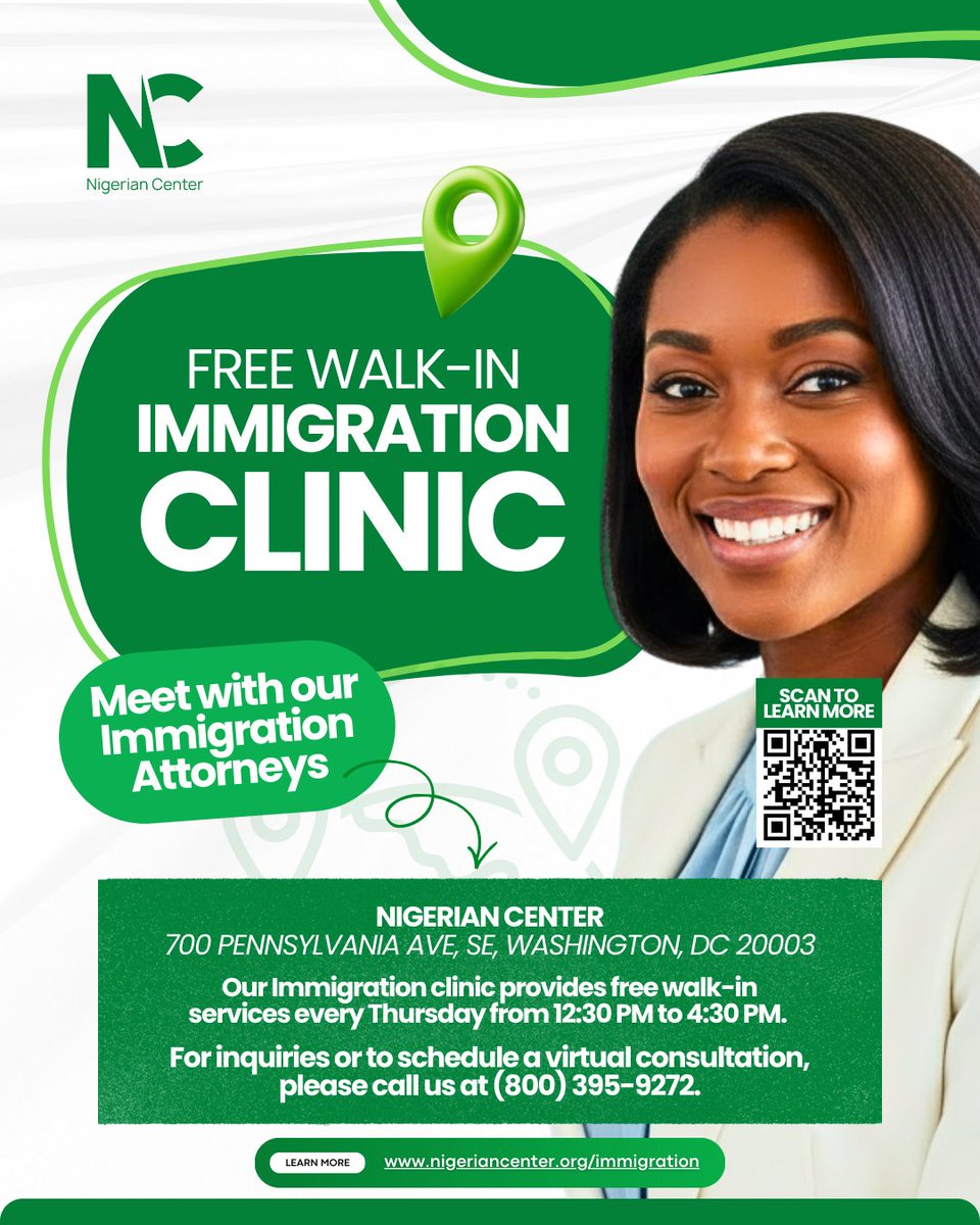 nigeriancenter's tweet image. FREE Walk-In Immigration Clinic! 

🗓 Thursdays | 12:30–4:30 PM
📍 700 Pennsylvania Ave SE, DC
Meet immigration attorneys, get guidance, no appointment needed! 💚
💻 Virtual support: (800) 395-9272

#ImmigrationHelp #FreeLegalHelp #DCCommunity #NigerianCenter