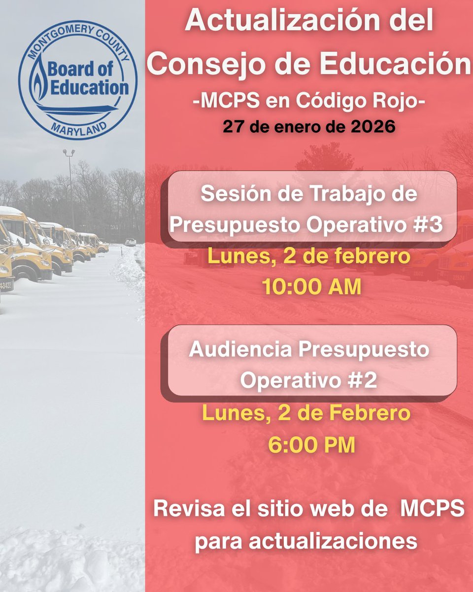 mocoboe's tweet photo. Due to unsafe roads and MCPS extending Code Red through Thu., Jan. 29, Operating Budget Hearing #2 and Work Session #3 are postponed.

Hearing #2 → Mon., Feb. 2 at 6:00 p.m.
Work Session #3 → Mon., Feb. 2 at 10:00 a.m.
Closure updates: MCPS website.

https://t.co/6MXlLLN9E7 https://t.co/VCkurT0kcc