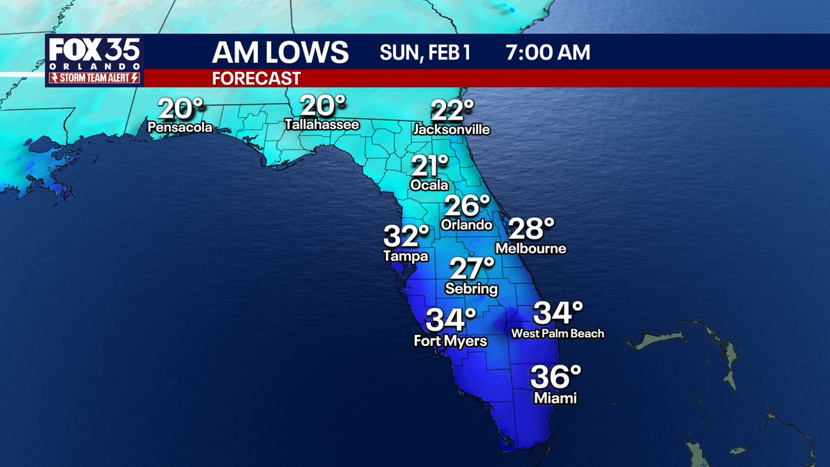 RECORD COLD: This will end up a very significant hard freeze for two nights. Starts Sunday morning.

Wind chills into the 20s even in Miami. 
Single digits above 0° in the Panhandle.

Coldest air temps. in Miami, West Palm Beach, and Orlando since the historic 2010 cold outbreak.