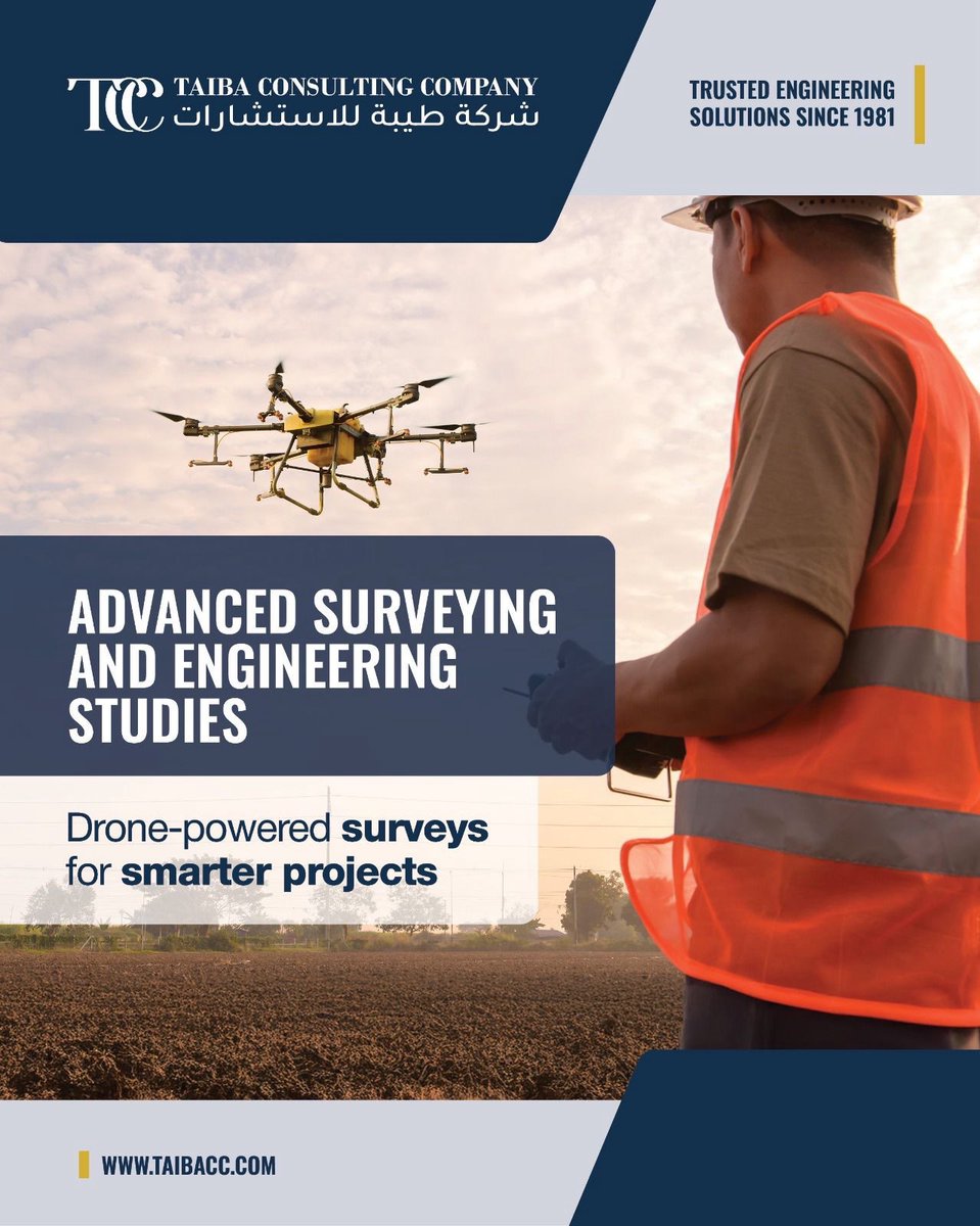 taibacc's tweet photo. الدقة والتقدم: دراسات المساحة والهندسة المتقدمة
في شركة طيبة للاستشارات، نعتمد على أحدث تقنيات المساحة و GNSS والتصوير الجوي بالطائرات بدون طيار لتقديم خرائط دقيقة ونماذج ثلاثية الأبعاد موثوقة، حتى في المواقع صعبة الوصول.
كما تشمل خدماتنا دراسات هندسية متكاملة:
الدراسات الهيدرولوجية للحد من مخاطر الفيضانات
الدراسات الجيوتقنية لضمان استقرار التربة وسلامة الأساسات
الدراسات البيئية لدعم التصاميم المستدامة والمتوافقة مع الأنظمة
بخبرة تزيد عن 40 عامًا وأكثر من 5000 مشروع، نضمن أن يُبنى مشروعك على بيانات دقيقة وموثوقة.
هل أنت مستعد للبناء بذكاء؟ تواصل معنا اليوم.
#طيبة_للاستشارات #المساحة #الدراسات_الهندسية #التصوير_الجوي #الاستدامة

Precision & Progress: Advanced Surveying and Engineering Studies
Behind every successful project is data you can trust. At Taiba Consulting Company, we use advanced surveying equipment and GNSS technology to define accurate property lines and create detailed topographic maps.

But surveying is just the beginning. Our engineering studies deliver critical insights into site conditions.
Geotechnical studies assess soil stability and load‑bearing capacity, ensuring safe foundations.

Environmental studies evaluate ecological impacts and support sustainable, compliant designs.

With over 40 years of experience and 5,000+ projects delivered, TCC harnesses innovation and expertise to ensure your next project is built on solid data.

Ready to build smarter? Talk to our experts today.

 https://t.co/eTBhY2Tdpd

#TaibaConsulting #Surveying #EngineeringStudies