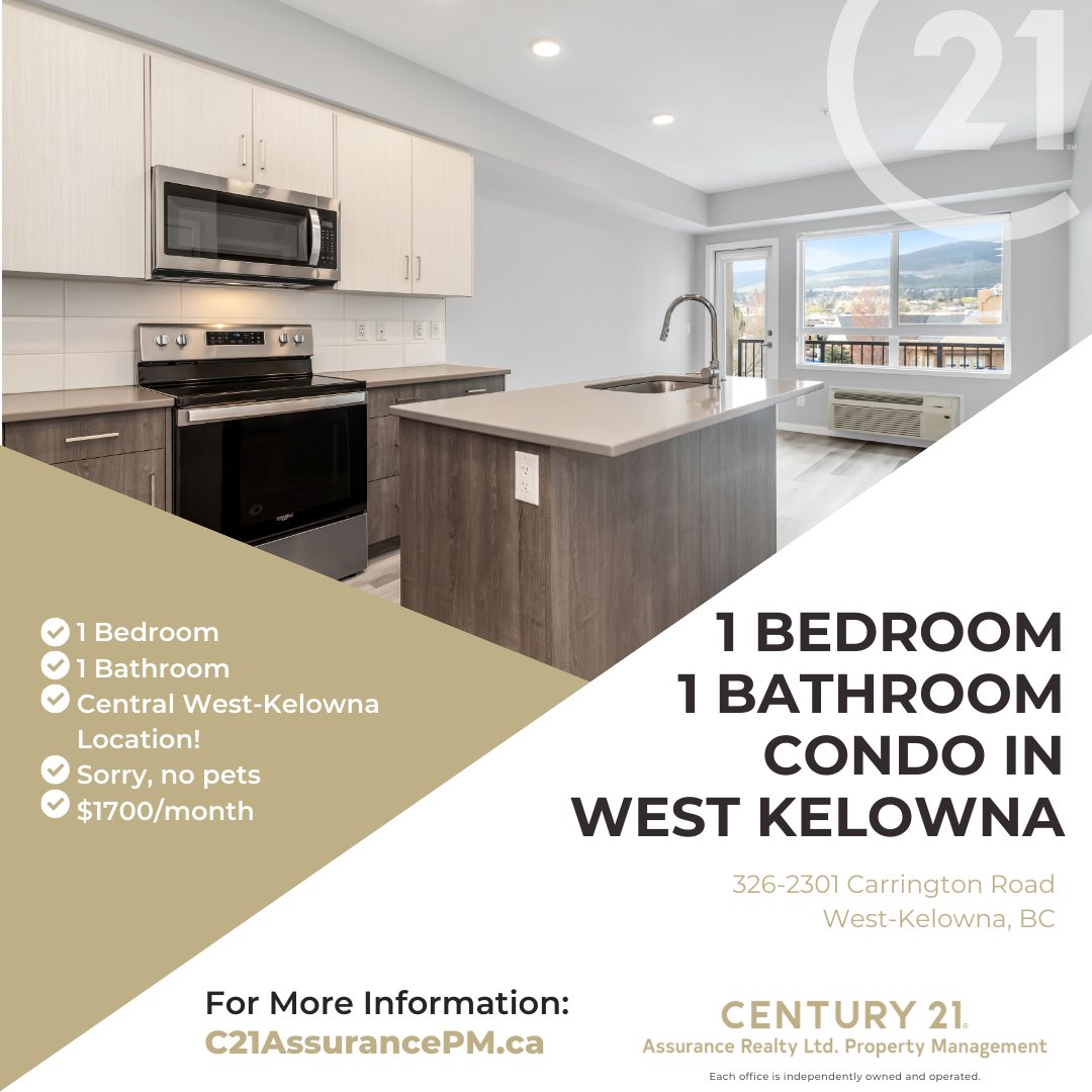 FOR RENT in #Kelowna Modern 1bed/1bath Condo! Sorry, no pets. For more information or to apply online, visit c21assurancepm.ca
 #kelownarentals #forrentkelowna #kelownapropertymanagement