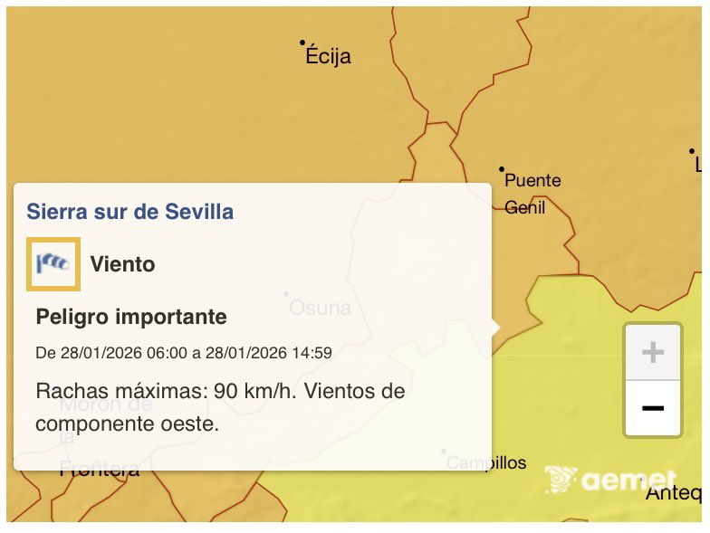 ⚠️AEMET ha activado el AVISO NARANJA por riesgo de fuertes rachas de viento ⛈️

💨Peligro Importante: 
Miércoles 28 de Enero de 6:00h a 14:59h 
La rachas pueden alcanzar los 90km/h

🟠 #Estepa #SierraSur #Avisos #viento

Fuente: AEMET 
<a href="/AEMET_Esp/">AEMET</a>