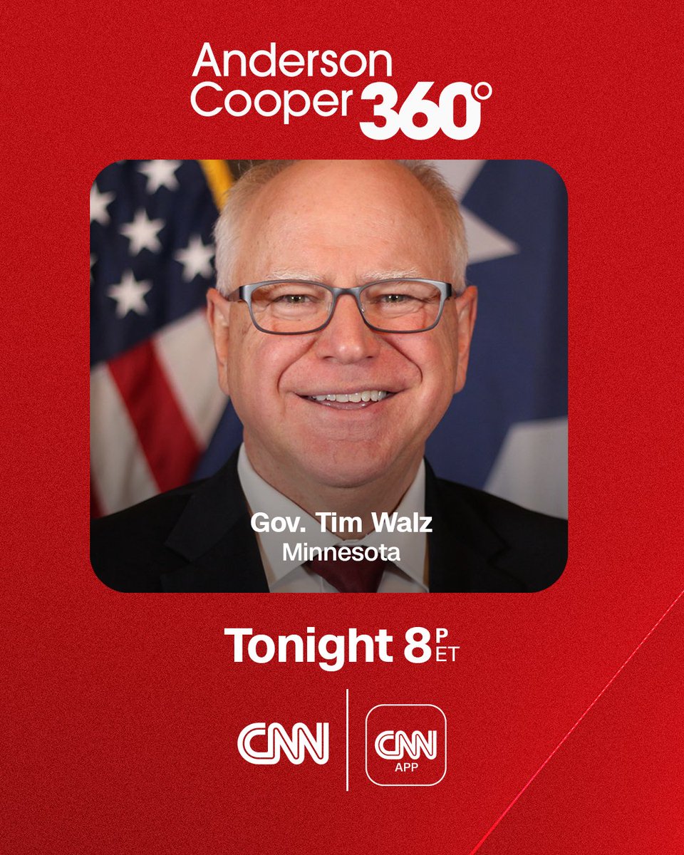 AC360's tweet image. Tonight at 8p ET, Anderson talks with Minnesota Governor Tim Walz. Watch live on CNN and streaming on the CNN app.
