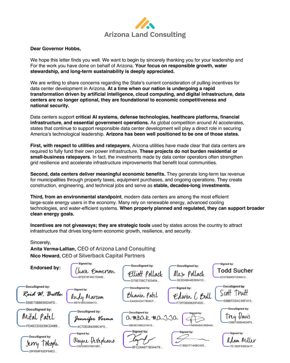 anitavlallian's tweet image. 65 Arizona industry leaders.

One open letter.

One shared goal: Arizona’s energy future.

As our state navigates complex energy decisions, we wanted to share key facts: Data centers fund their own power infrastructure without burdening ratepayers. They create jobs, generate tax…