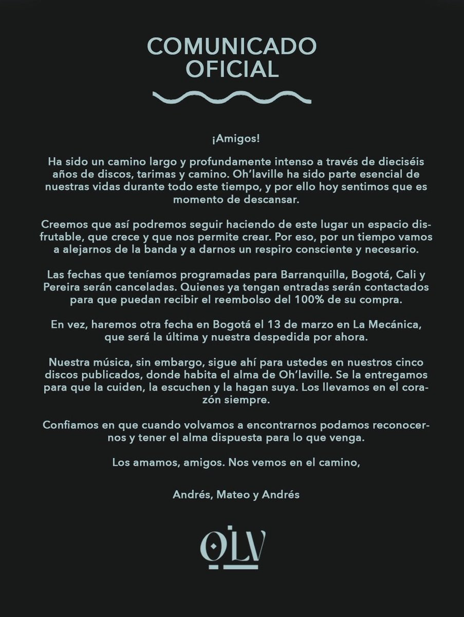 musictrendscol's tweet image. #EsTendencia: @Ohlaville anuncia una pausa indefinida en su historia como banda 🚨

Sus fechas agendadas han sido canceladas y serán reembolsadas al 100%. Darán un último show en La Mecánica este 13 de marzo.